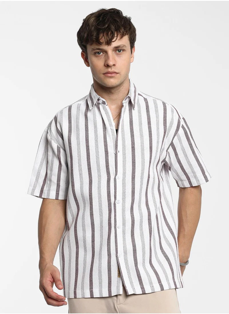 كامبوس سوترا Men's Ivory White & Burgundy Red Pencil-Striped Shirt