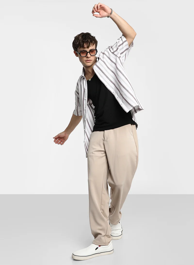 كامبوس سوترا Men's Ivory White & Burgundy Red Pencil-Striped Shirt