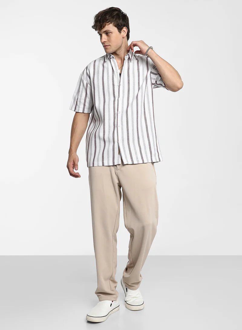 كامبوس سوترا Men's Ivory White & Burgundy Red Pencil-Striped Shirt