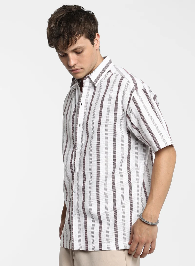 كامبوس سوترا Men's Ivory White & Burgundy Red Pencil-Striped Shirt