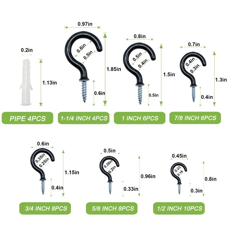 ECKJ Small Black Screw-in Hooks Assorted Kit with Plugs, 1/2", 5/8", 3/4", 7/8", 1", 1-1/4" Vinyl Coated Cup Hooks for Hanging Home Decorations, Christmas Lights, Wind Chimes, Crafts - 46 Pcs - Image 2