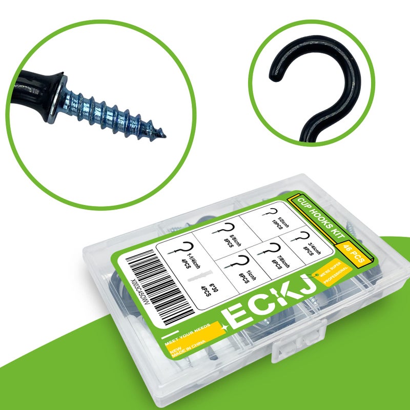 ECKJ Small Black Screw-in Hooks Assorted Kit with Plugs, 1/2", 5/8", 3/4", 7/8", 1", 1-1/4" Vinyl Coated Cup Hooks for Hanging Home Decorations, Christmas Lights, Wind Chimes, Crafts - 46 Pcs - Image 5