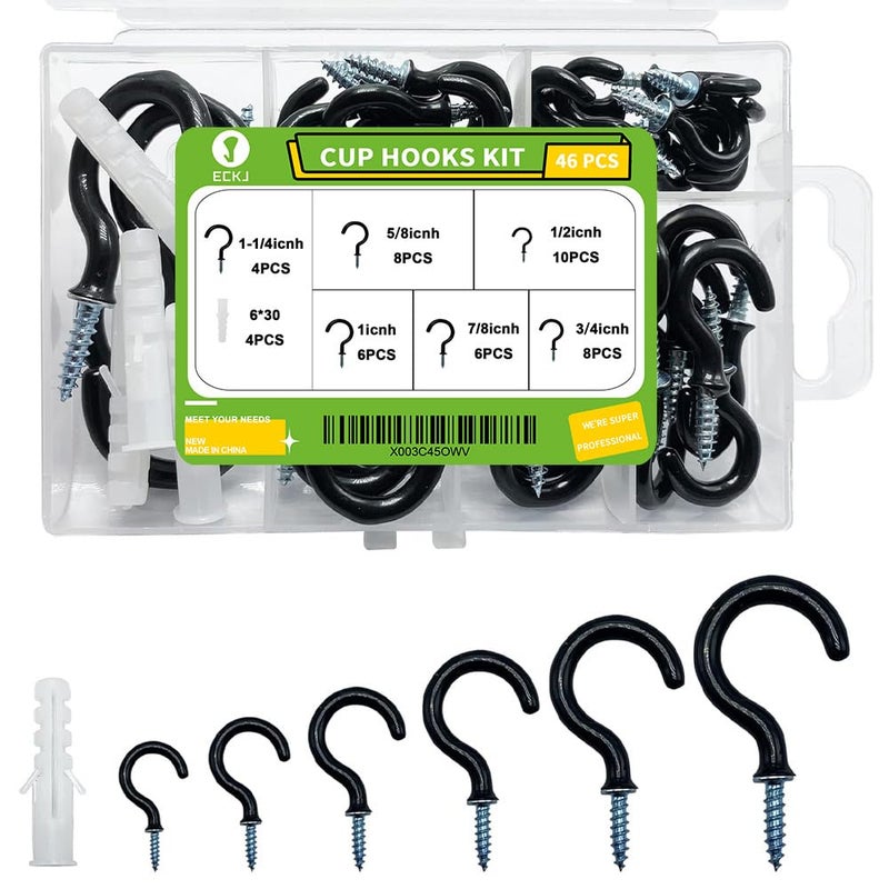 ECKJ Small Black Screw-in Hooks Assorted Kit with Plugs, 1/2", 5/8", 3/4", 7/8", 1", 1-1/4" Vinyl Coated Cup Hooks for Hanging Home Decorations, Christmas Lights, Wind Chimes, Crafts - 46 Pcs - Image 1