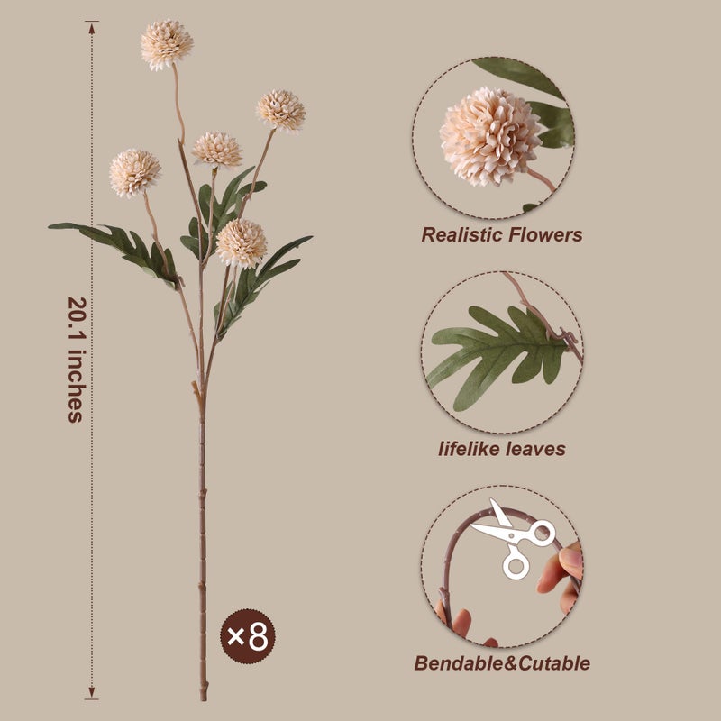 HyeFlora Fake Kiku Flowers, Faux Silk Pompon Mums Artificial Flowers, Chrysanthemum Stems Floral Arrangement Dried Flowers Vintage Decorative Indoor Home Decor Beige (Vase not Included) - Image 2