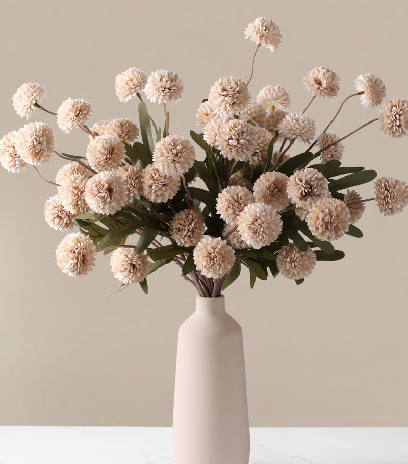 HyeFlora Fake Kiku Flowers, Faux Silk Pompon Mums Artificial Flowers, Chrysanthemum Stems Floral Arrangement Dried Flowers Vintage Decorative Indoor Home Decor Beige (Vase not Included) - Image 1