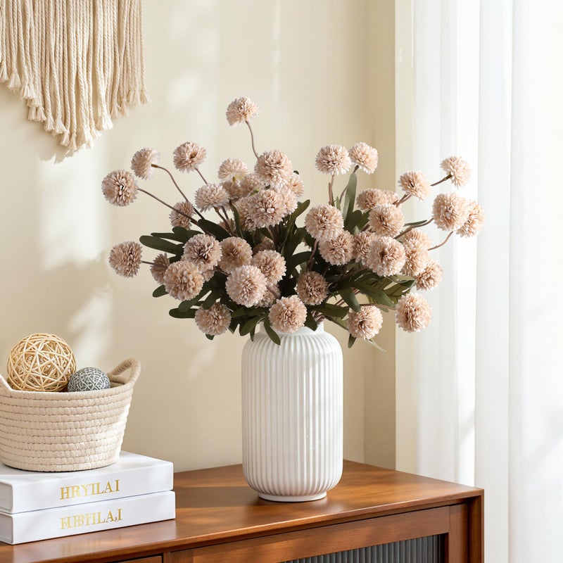 HyeFlora Fake Kiku Flowers, Faux Silk Pompon Mums Artificial Flowers, Chrysanthemum Stems Floral Arrangement Dried Flowers Vintage Decorative Indoor Home Decor Beige (Vase not Included) - Image 3