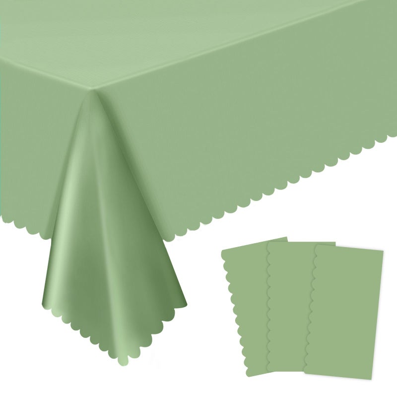 NatNarr 3 Pack Plastic Sage Green Tablecloth, 54 X 108Inch Scalloped Easter Table Cover Disposable Sage Green Tables Cloth for Rectangle Tables Waterproof Table Cover for Baby Shower Bridal Tea Party Wedding - Image 1
