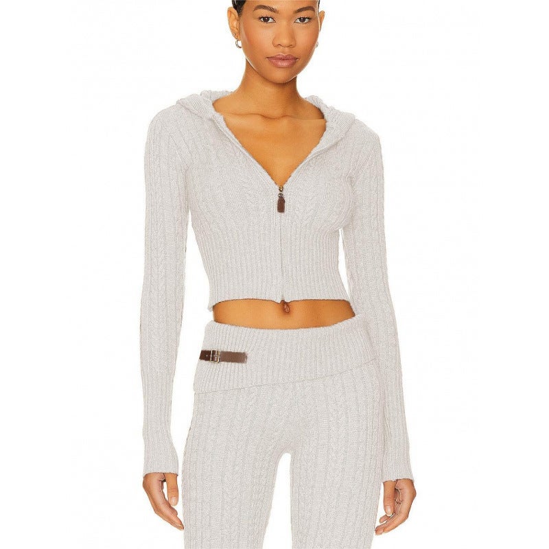 Fashion casual suit 2024 autumn and winter European and American knitted cardigan twist hooded coat pants two-piece set Camel - Image 5