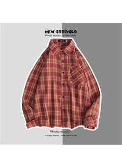 Generic Hong Kong Style Ins Plaid Shirt Mens Korean Trendy Loose-fit Youth Trendy Brand Youthful Vintage Long Sleeve Shirt Red  - Image 1