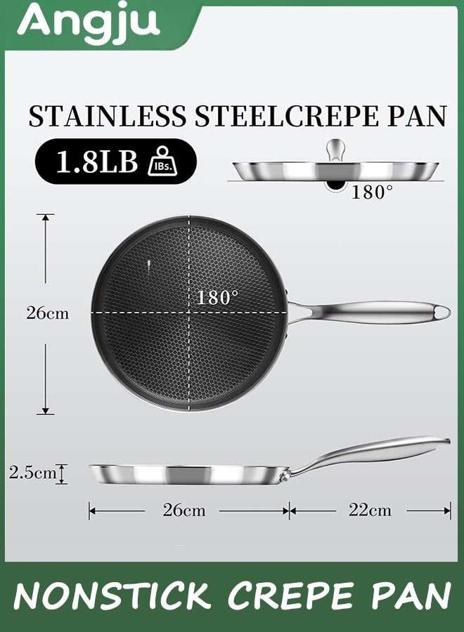 انججو الفولاذ المقاوم للصدأ الكريب Pan - 26 سم غير اللاصق الكريب Pan، الفولاذ المقاوم للصدأ عسل طلاء Pancake Pan، غير اللاصق Flat Skillet Tawa Dosa Tortilla Griddle Pan، التوافق مع الاستقراء، PFOA الحر (26 سم) - Image 2