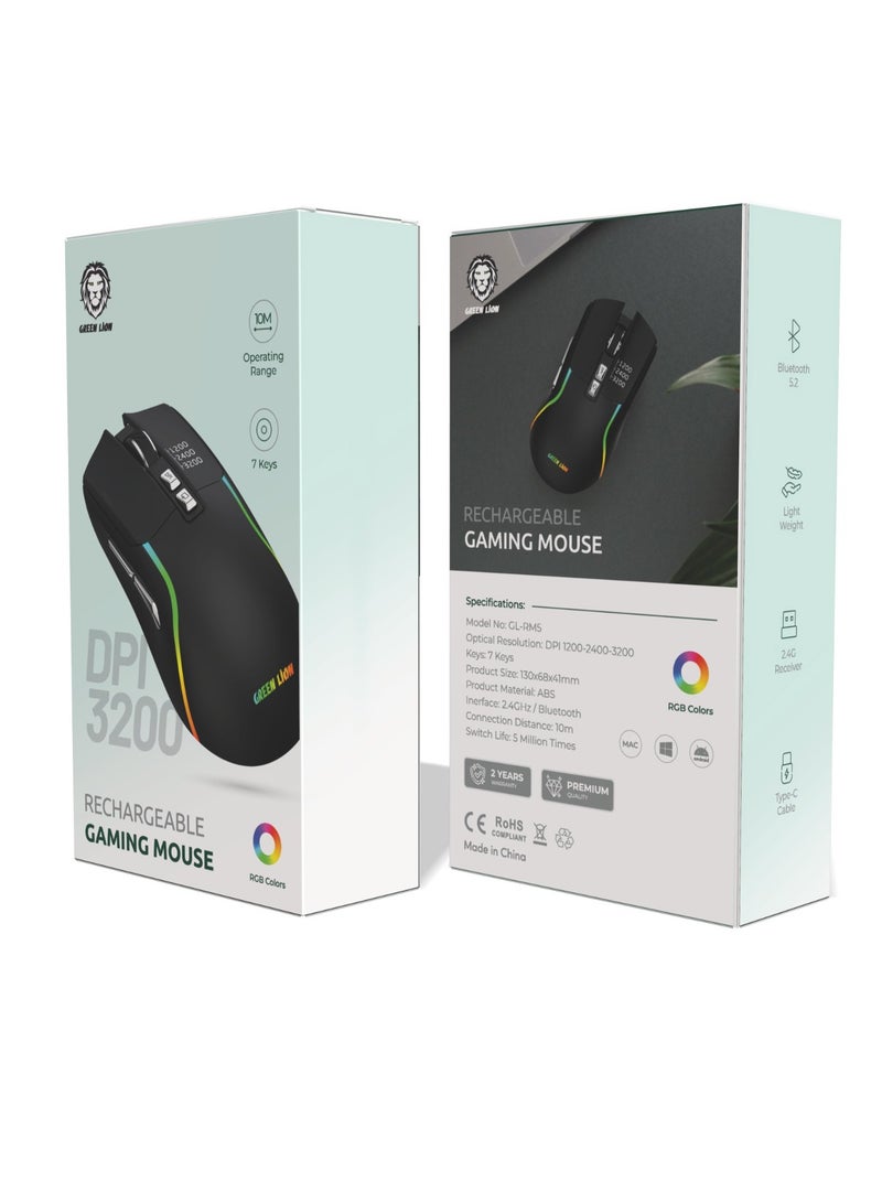 GREEN LION Rechargeable RGB Gaming Mouse/ Bluetooth 5.2 & 2.4G Wireless, 10m Range, Ultra-Precise Control, RGB Lighting, Dual Mode Connectivity / Low-Latency, Ergonomic Gaming Mouse - Black - Image 3