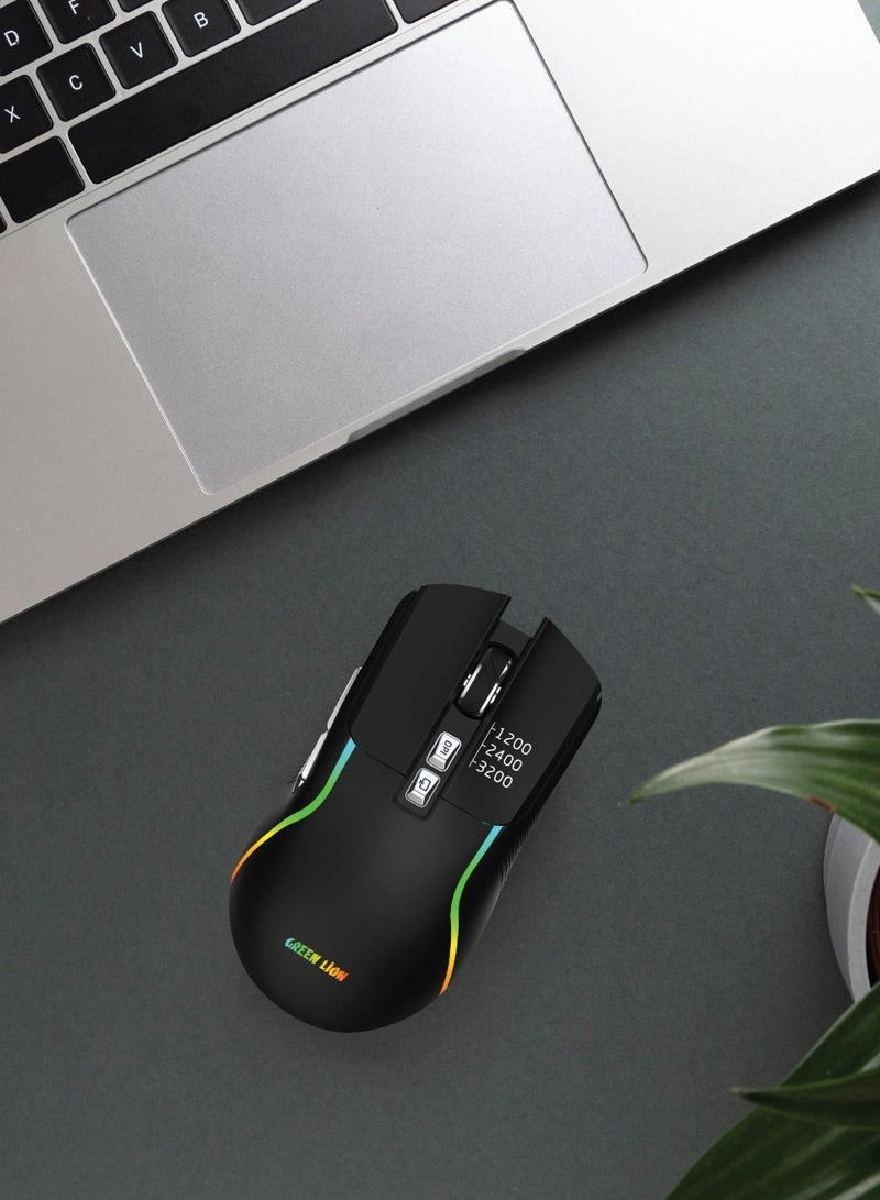 GREEN LION Rechargeable RGB Gaming Mouse/ Bluetooth 5.2 & 2.4G Wireless, 10m Range, Ultra-Precise Control, RGB Lighting, Dual Mode Connectivity / Low-Latency, Ergonomic Gaming Mouse - Black - Image 2