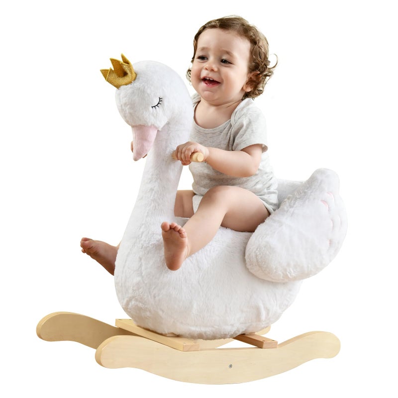 labebe labebe Kids Rocking Horse White Swan Stuffed Animal Wooden Rocker for Children 6 Months Boys and GirlsNursery Christmas Birthday Gift Rocking Swan 