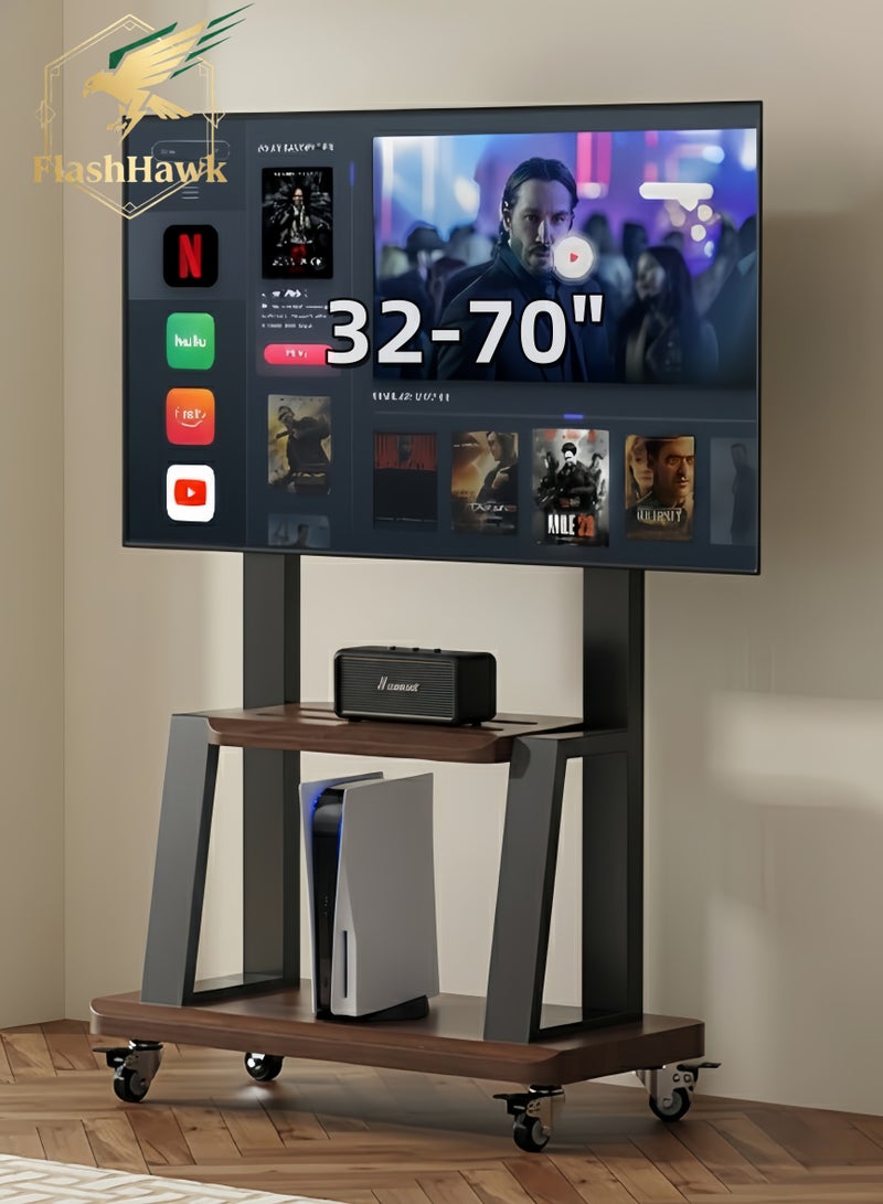 فلاشهوك حامل تلفزيون متنقل مع عجلات، حامل تلفزيون أرضي من الفولاذ لتلفزيون مقاس 32-70 بوصة، أقصى حد VESA: 600*400 مم، يتحمل حمولة 50 كجم - أسود - Image 1