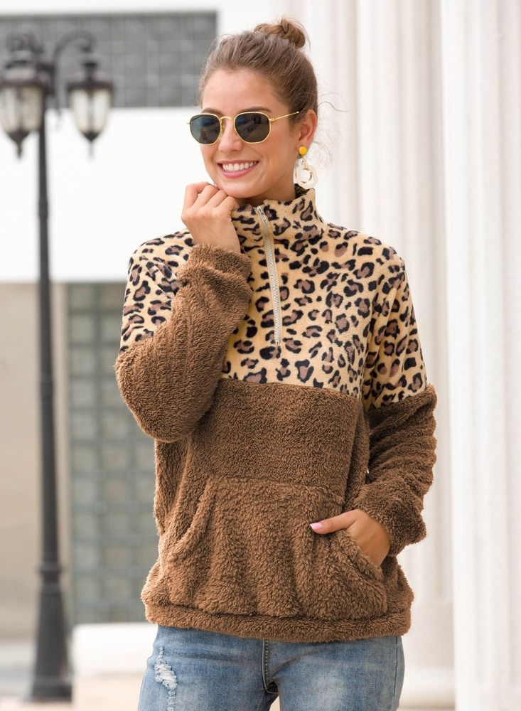 Loquat Zip Lapel Reversible Velvet Leopard Patch Pullover Multicolour 