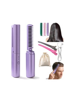 Rechargeable Mini Hair Straightener Comb, Portable Mini Heat Straightening Brush, Cordless for Trip Travel 3 Temperature Adjustments Flat Iron for Short Hair (Purple)