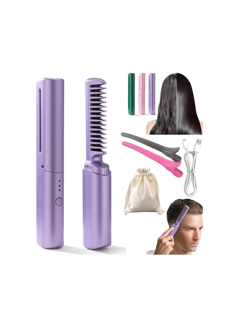 silvercnc - Rechargeable Mini Hair Straightener Comb, Portable Mini Heat Straightening Brush, Cordless for Trip Travel 3 Temperature Adjustments Flat Iron for Short Hair (Purple) - Image 1
