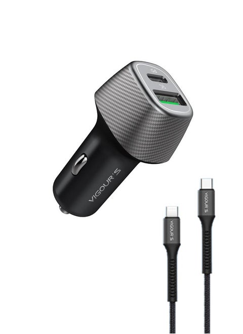 VIGOURS 43W Dual Port PD Car Charger with USB-C to Lightning Cable – Fast Charging, 12-Month Warranty