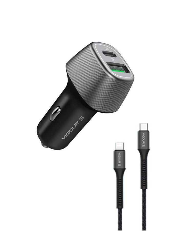 VIGOURS 43W Dual Port PD Car Charger with USB-C to Lightning Cable – Fast Charging, 12-Month Warranty