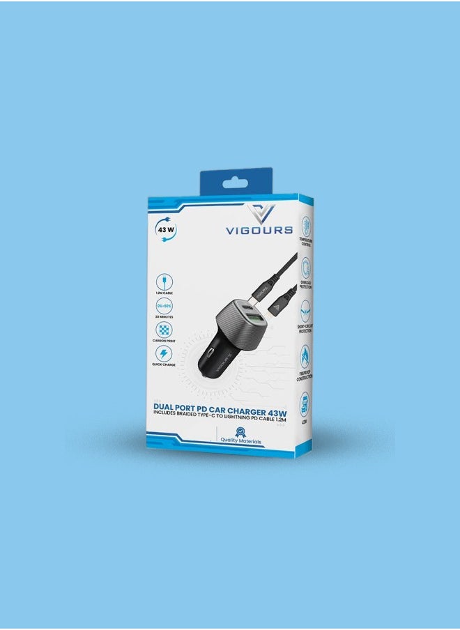 VIGOURS 43W Dual Port PD Car Charger with USB-C to Lightning Cable – Fast Charging, 12-Month Warranty