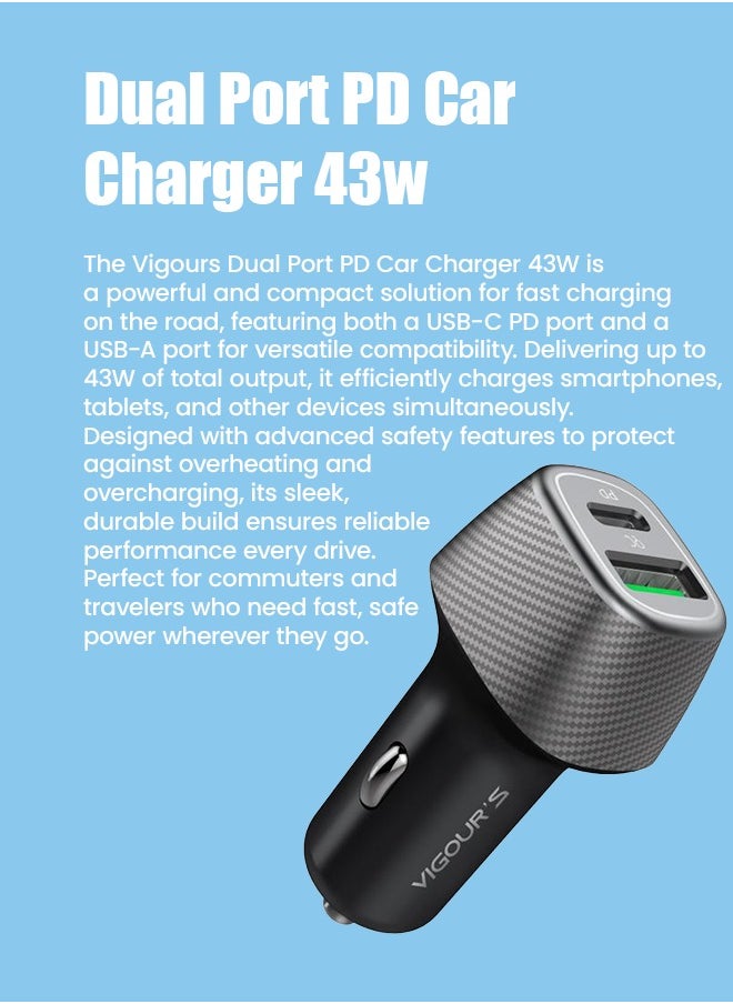 VIGOURS 43W Dual Port PD Car Charger with USB-C to Lightning Cable – Fast Charging, 12-Month Warranty
