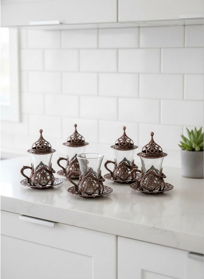 Acar Handmade Copper & Glass Turkish Tea Set (6 Glass Cups with Openable Tops (for Chocolate, Dates, or Turkish Delights) with Copper Saucers, Holders) – Antique Red Finish, Luxurious Design from Türkiye - Image 1