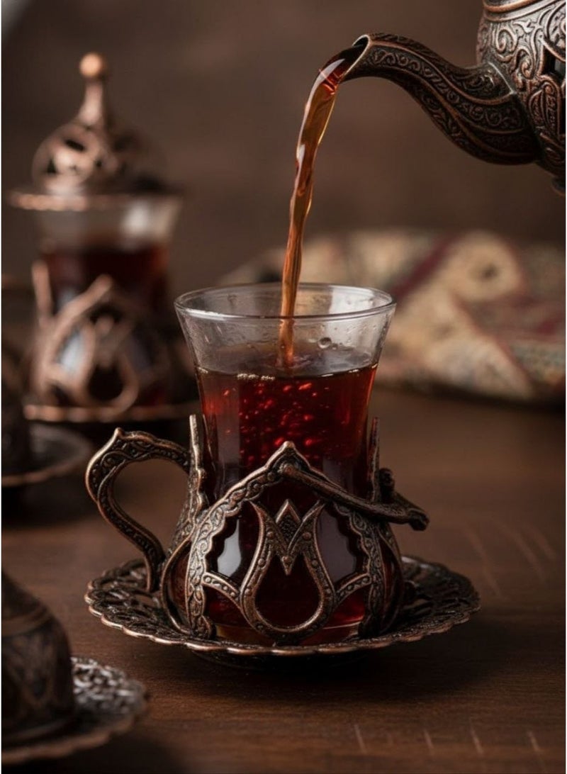 Acar Handmade Copper & Glass Turkish Tea Set (6 Glass Cups with Openable Tops (for Chocolate, Dates, or Turkish Delights) with Copper Saucers, Holders) – Antique Red Finish, Luxurious Design from Türkiye - Image 2