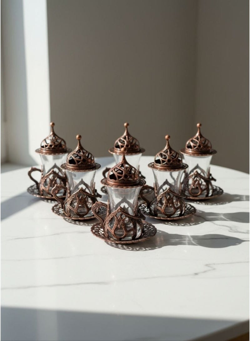Acar Handmade Copper & Glass Turkish Tea Set (6 Glass Cups with Openable Tops (for Chocolate, Dates, or Turkish Delights) with Copper Saucers, Holders) – Antique Red Finish, Luxurious Design from Türkiye - Image 3