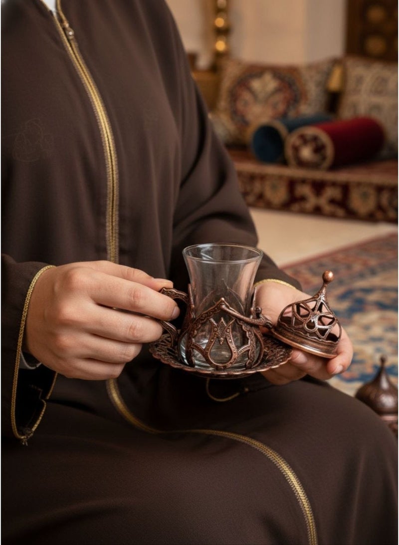 Acar Handmade Copper & Glass Turkish Tea Set (6 Glass Cups with Openable Tops (for Chocolate, Dates, or Turkish Delights) with Copper Saucers, Holders) – Antique Red Finish, Luxurious Design from Türkiye - Image 5