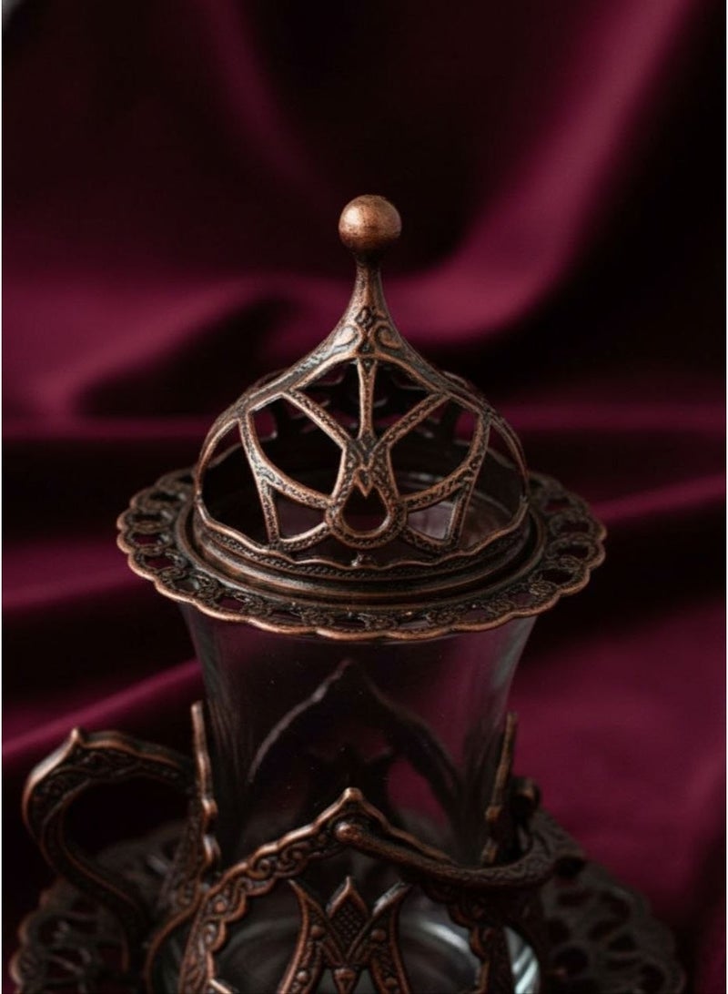 Acar Handmade Copper & Glass Turkish Tea Set (6 Glass Cups with Openable Tops (for Chocolate, Dates, or Turkish Delights) with Copper Saucers, Holders) – Antique Red Finish, Luxurious Design from Türkiye - Image 3