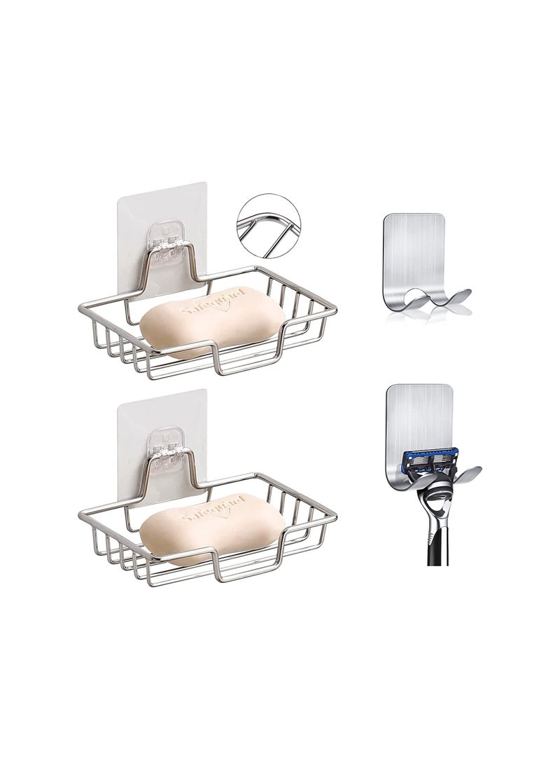 2 Pcs Adhesive soap Tray with 2 Pcs Razor Hanging Hooks Soap Holder for Bathroom Shower Hanger