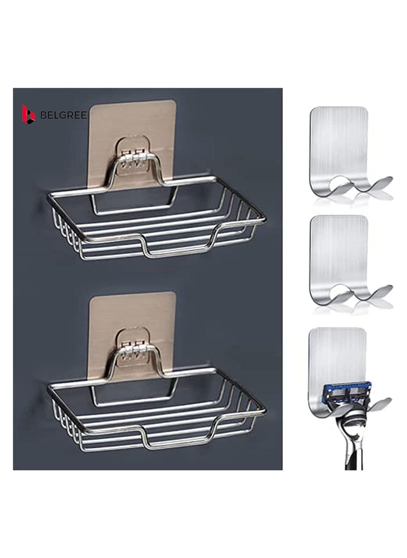 2 Pcs Adhesive soap Tray with 2 Pcs Razor Hanging Hooks Soap Holder for Bathroom Shower Hanger