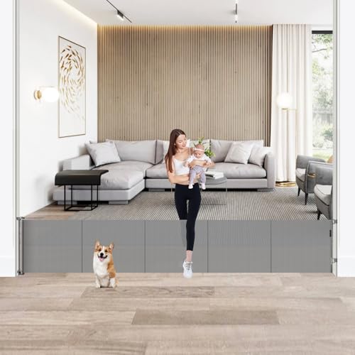 Bingguz 24 Tall X 120 Extra Wide Retractable Baby Gates Short Dog Gates to Step Over Reinforced Long Mesh Pet Gate with Support Rods Small Puppy Gates for The House Grey - Image 1