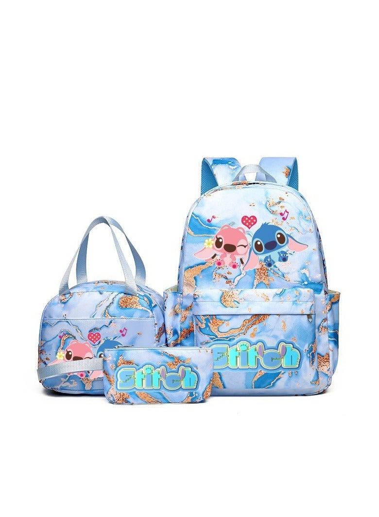 Stitch Golden Quicksand Texture Schoolbag Waterproof Primary and Secondary School Student Backpack Youth Travel Backpack 31*43*15CM + Lunch Bag 27*20*20CM + Pencil Case Three-piece Set