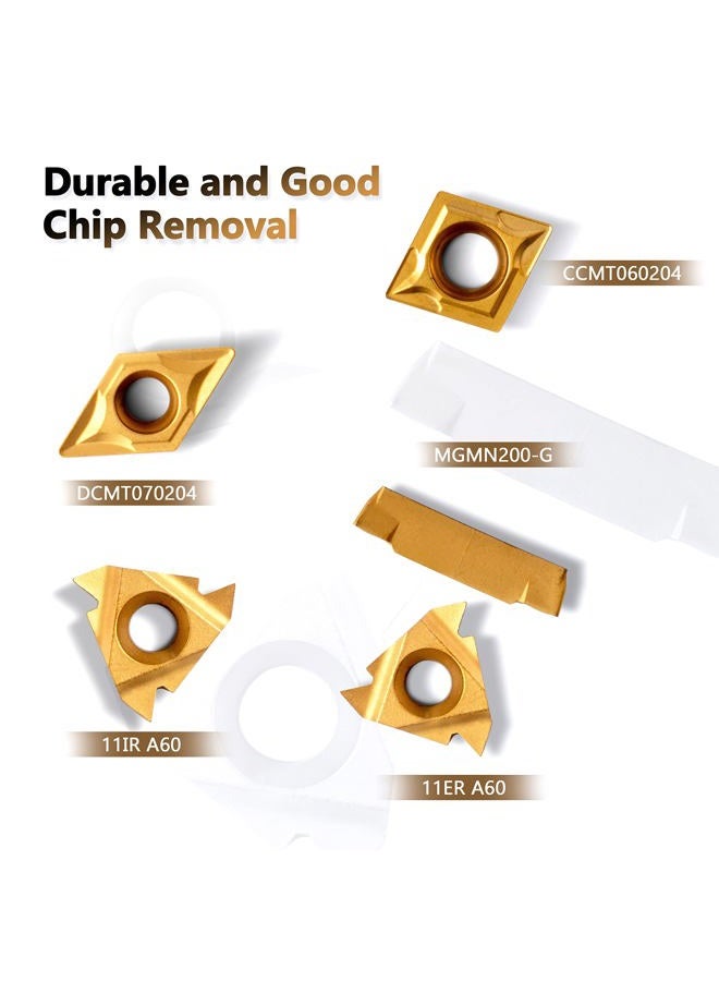 Turning-Tool Threading Holder 21 Pcs - 7 Pcs 3/8 Inch Threading Holder Boring Bars + 14 Pcs Indexable Carbide Inserts Ccmt060204 Dcmt070204 11Ir 11Er A60 Mgmn200-G Golden for Tool - Image 5
