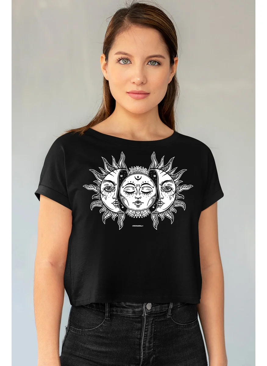 Rock&Roll Moon Sun Black Short, Cut Crop Top Women's T-Shirt