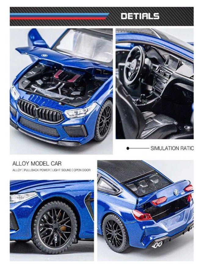 1:32 Scale Diecast BMW M8 Coupe Car Model, Zinc Alloy Pull Back Toy Car with Sound and Light for Kids and Adults (Blue) - Image 2