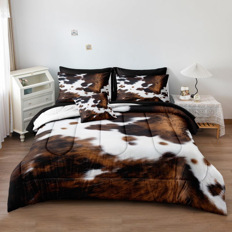 Bedbay Cow Print Comforter Set Queen Size Animal Skin Bedding 8 Pcs Queen Bed in a Bag Western Cowhide Rustic Bedding Brown Milk Cow Print Bedding Soft Cow Bed Set for All Seasons(Brown Queen) - Image 2