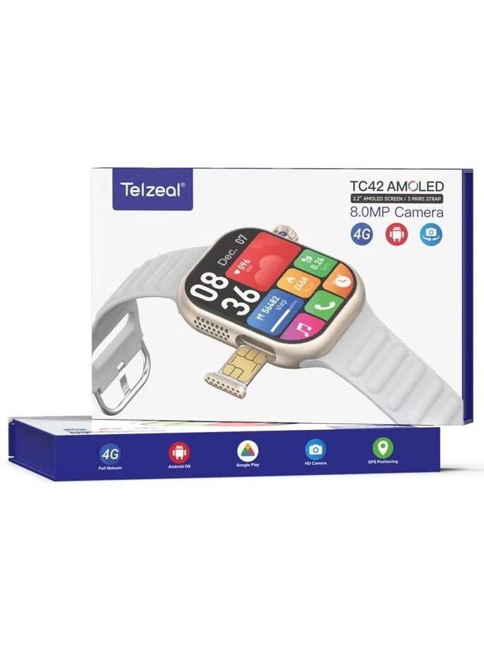 Telzeal - TC42 AMOLED 4G Smartwatch with 2.2-Inch AMOLED Display, 8MP Camera, SIM Slot, 3 Strap Pairs, and Charging Cable – Stylish and Functional for Ladies and Gents in Silver - Image 1