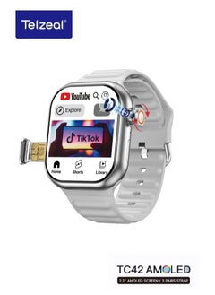 TC42 AMOLED 4G Smartwatch with 2.2-Inch AMOLED Display, 8MP Camera, SIM Slot, 3 Strap Pairs, and Charging Cable – Stylish and Functional for Ladies and Gents in Silver