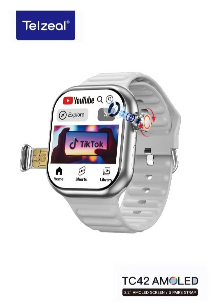 Telzeal - TC42 AMOLED 4G Smartwatch with 2.2-Inch AMOLED Display, 8MP Camera, SIM Slot, 3 Strap Pairs, and Charging Cable – Stylish and Functional for Ladies and Gents in Silver - Image 1