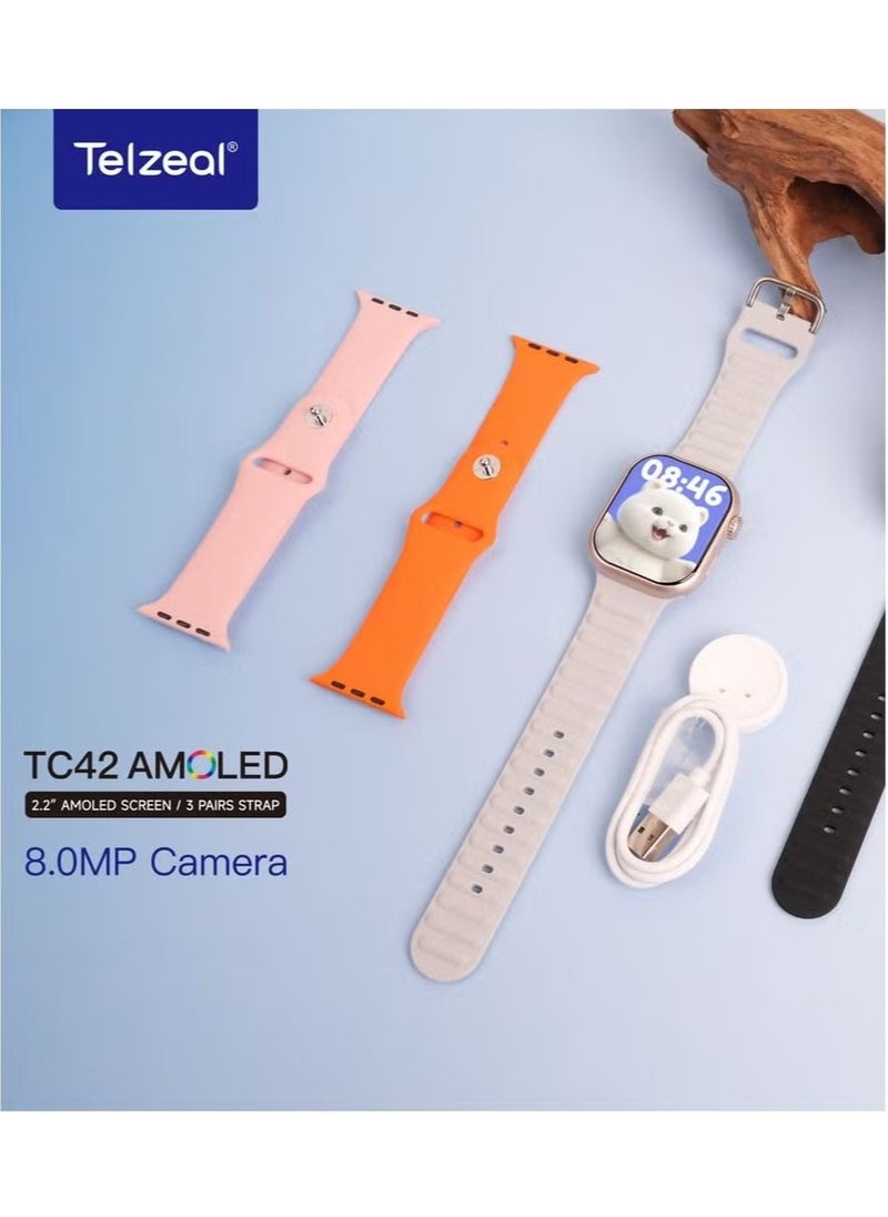 Telzeal - TC42 AMOLED 4G Smartwatch with 2.2-Inch AMOLED Display, 8MP Camera, SIM Slot, 3 Strap Pairs, and Charging Cable – Stylish and Functional for Ladies and Gents in Silver - Image 1