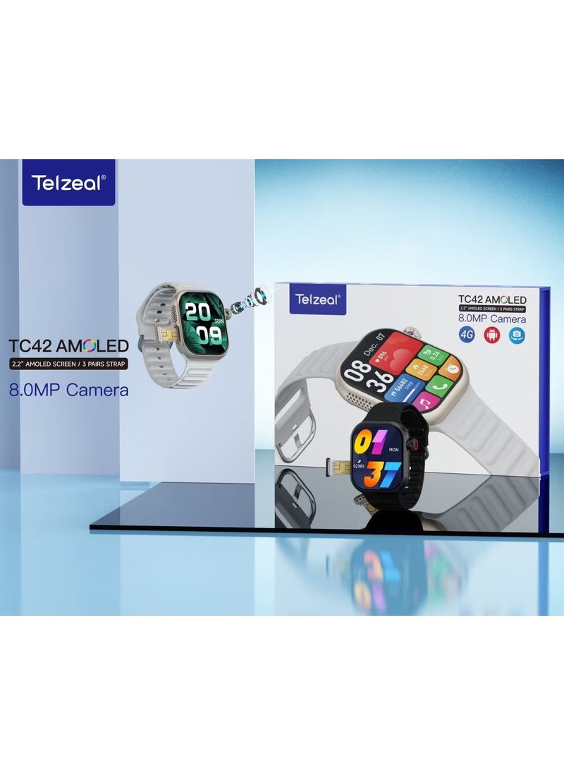 Telzeal - TC42 AMOLED 4G Smartwatch with 2.2-Inch AMOLED Display, 8MP Camera, SIM Slot, 3 Strap Pairs, and Charging Cable – Stylish and Functional for Ladies and Gents in Silver - Image 1
