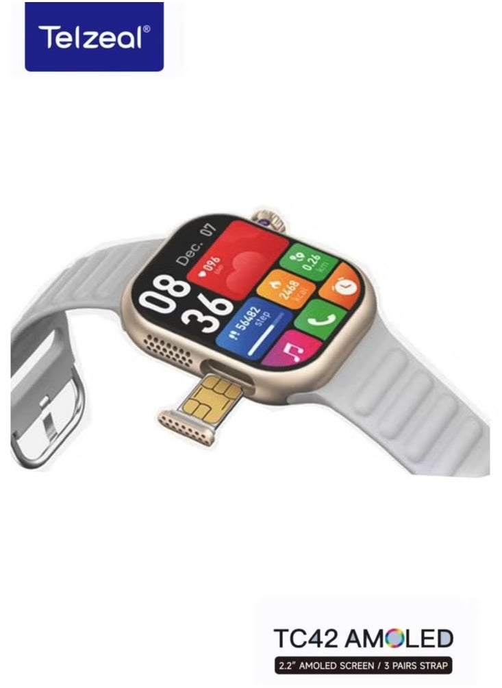 Telzeal - TC42 AMOLED 4G Smartwatch with 2.2-Inch AMOLED Display, 8MP Camera, SIM Slot, 3 Strap Pairs, and Charging Cable – Stylish and Functional for Ladies and Gents in Silver - Image 1