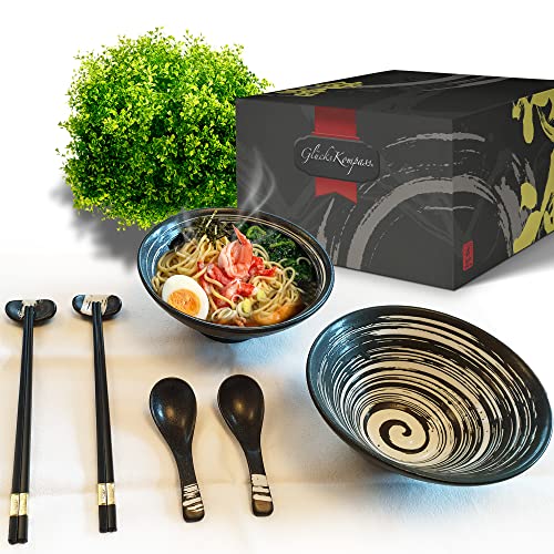GlücksKompass Japanese Ramen Bowl Set made of ceramic (8 pcs) with chopsticks, ceramic spoons, large 8 inches diameter, 32 oz (1 quart) | Pho Bowls Noodle Soup Bowl Asian Rice Bowl Chinese Bowl Thai - Image 1
