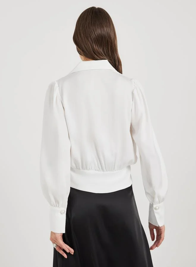 Styli Notch Collar Wrap Top with Button Detail