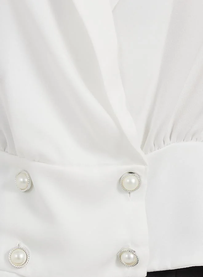 Styli Notch Collar Wrap Top with Button Detail