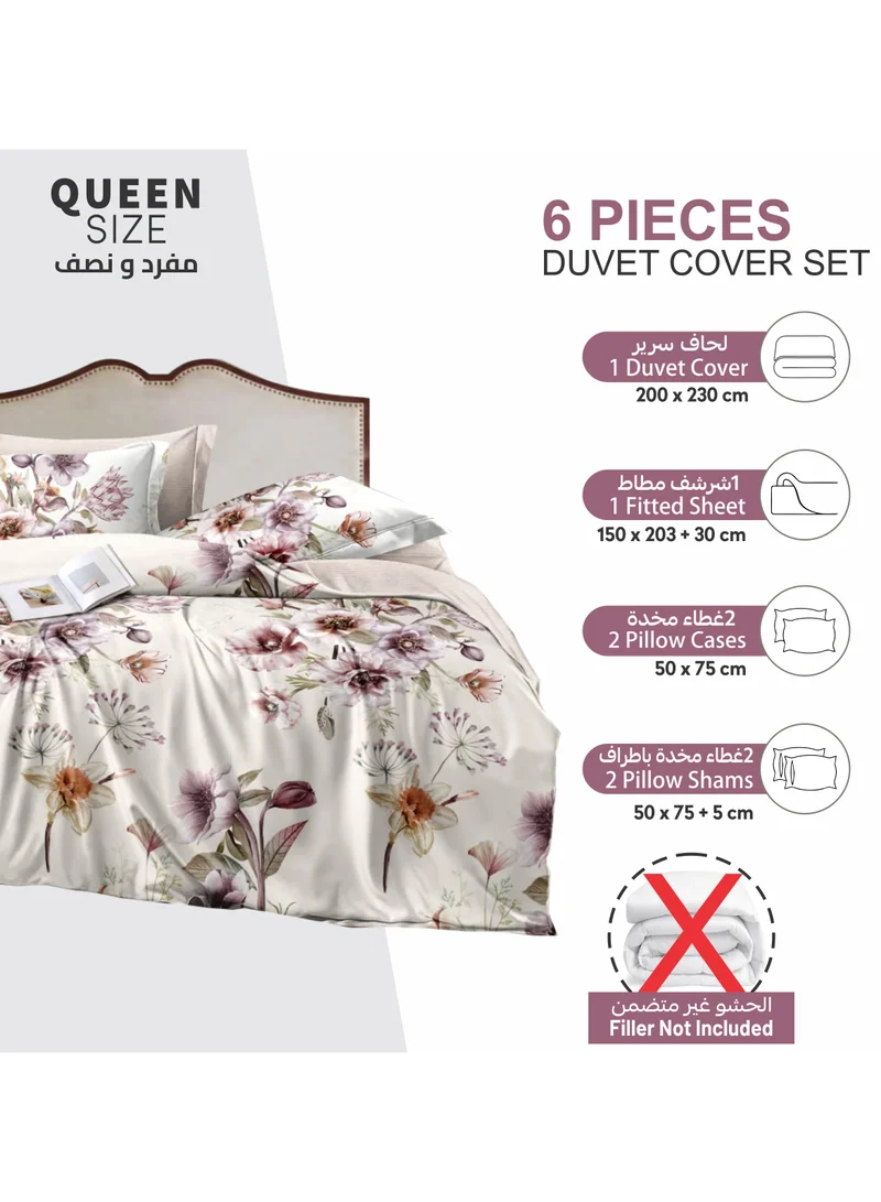 Donetella Printed Duvet Set, Queen Size 200x230 cm - 6-Pcs Bed Set, Microfiber Fabric - 1 Duvet Cover, 1 Fitted Sheet, 2 Pillow Shams, 2 Pillowcases (Filler Not Included)