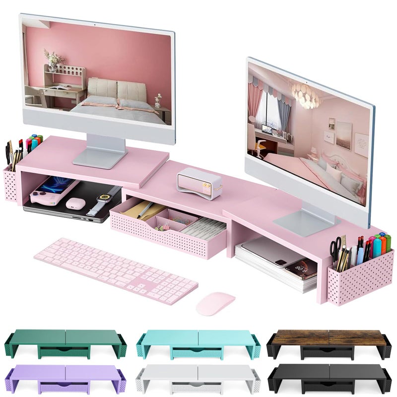 gianotter Dual Monitor Stand Riser Desk Organizer With Drawer and 2 Pen HoldersDesk Organizers and Accessories Pink Office Supplies Pink
