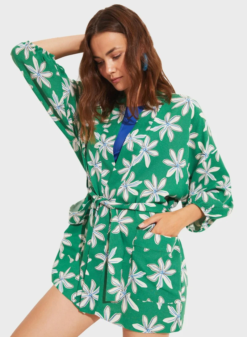 JUNE Puff Sleeve Floral Printed Kimono